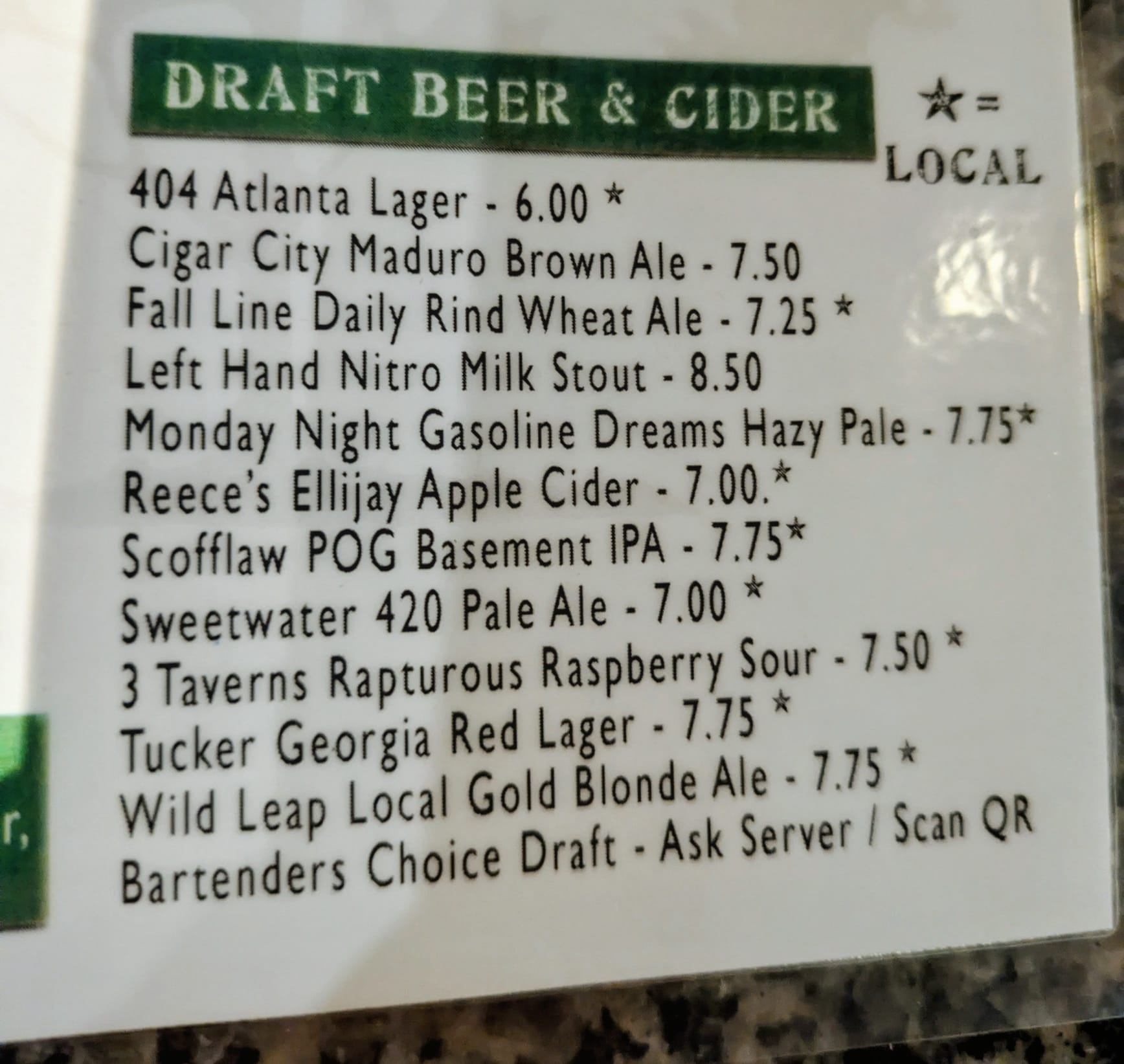 Menú de cervezas del Park Bar de Atlanta